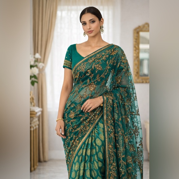 India Boutique Other - Frontier Green and Gold Saree with hand embroidery
